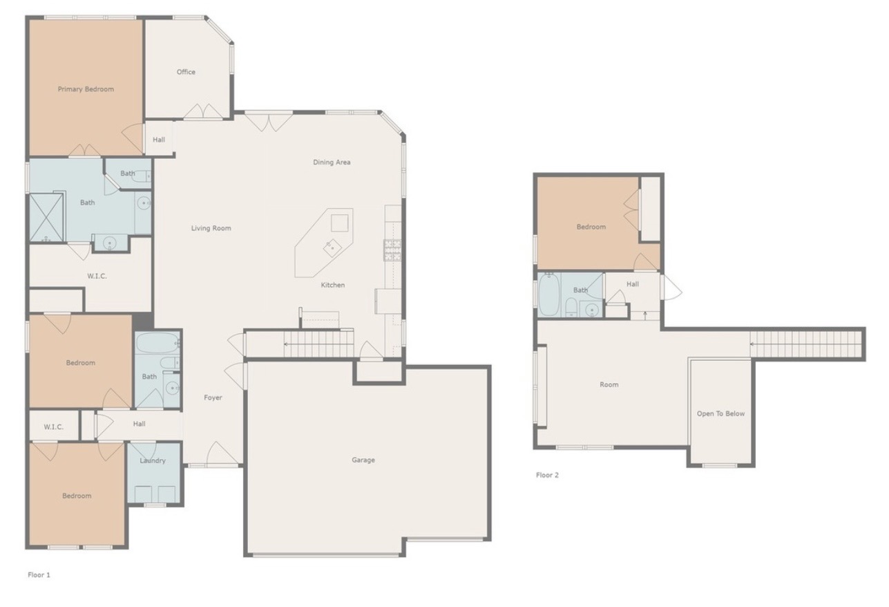 Two-level floor plan of the Esperanza Residence showing bedrooms, bathrooms, office, living areas, kitchen, laundry, garage, and upper-level flex space.